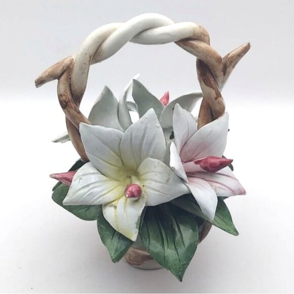 Vintage Capodimonte Porcelain Floral Twisted Handle Basket Lillies Celani Italy - Picture 2 of 7